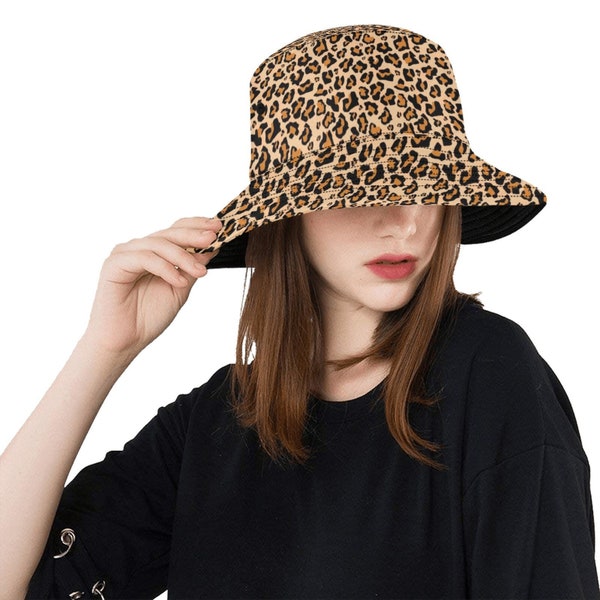 Leopard Bucket Hat, Animal Print Cheetah Retro Vintage Summer Festival Cute Women Men Designer Beach Sun Shade Y2K Cotton Twill