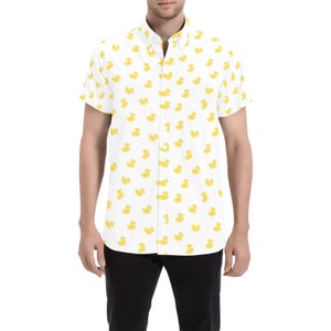 Rubber Duck Print Short Sleeve Men Button Up Shirt, White Yellow Casual Buttoned Down Summer Dress Shirt Gift Husband