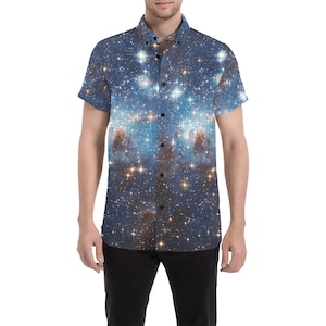 Galaxy Kurzarm Männer Button-Down-Hemd, Blau Weltraum Universum Astronomie Print Casual zugeknöpft Sommer Kragen Kleid Plus Size