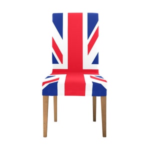 May include: A wooden chair with a red, white, and blue Union Jack patterned seat cover.