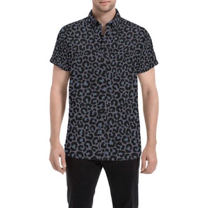 All Black Leopard Button Down Shirt Men, Grey Animal Print Short Sleeve Button Up Casual Buttoned Down Summer Dress Gift