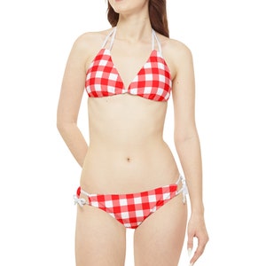 Red and White Gingham Bikini Set, Check Checkered High Waisted Cute Cheeky Bottom String Triangle Top Sexy Swimsuits Women Swimwear