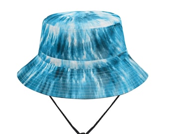 Tie Dye Bucket Hat with String, Blue Retro Vintage Summer Festival Cute Women Men Golf Designer Beach Sun Shade Y2K