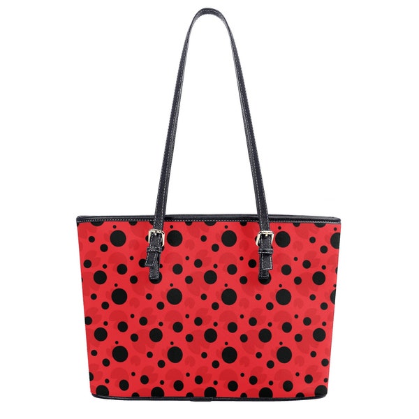 Ladybug Tote Bag Purse, Red Black Dots Vegan Leather Print Sac à main Femme Zip Top Small Large Designer Handmade Shoulder