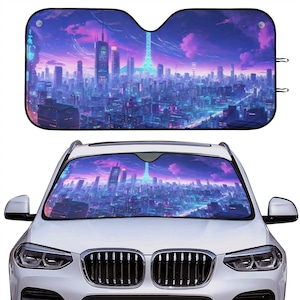 Tokyo Skyline Car Sun Shade, Anime Purple Front Windshield Cover Blocker Auto Protector Window Visor Screen Shield Men Women SUV Truck