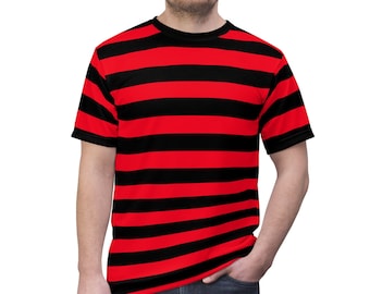 Camiseta de hombre a rayas rojas y negras, camiseta de cuello