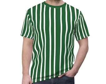 Camiseta de rayas blancas y verdes, camiseta de manga corta con cuello redondo de moda estética gráfica de diseñador de rayas verticales para hombres y mujeres