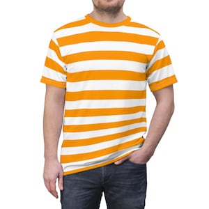 May include: A short-sleeved t-shirt with horizontal orange and white stripes. The shirt is made of a soft, comfortable material and has a classic crew neck.