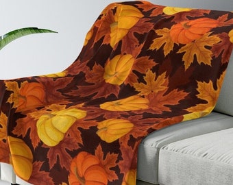 Pumpkins Fall Fleece Blanket, Autumn Leaf Thanksgiving Velveteen Throw Soft Cozy Warm Adult Kids Small Large Decor Gift