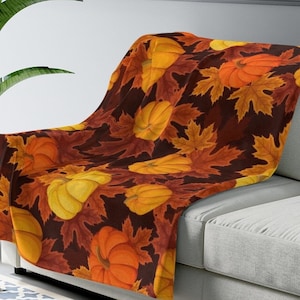 Pumpkins Fall Fleece Blanket, Autumn Leaf Thanksgiving Velveteen Throw Soft Cozy Warm Adult Kids Small Large Decor Gift