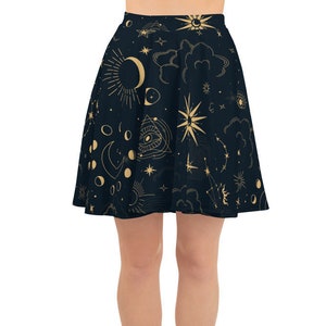 Constellation Skater Skirt, Moon Stars Galaxy Eye Boho Print Mini Short Circle Cute Handmade Party Sexy Women Skirt