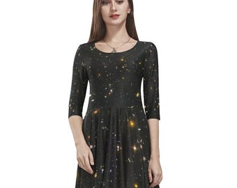 Galaxy dress, Night Sky Print Black Space Star Constellation Fantasy Party Handmade Celestial Cute Women Half Sleeve Skater Cocktail dress