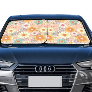 Groovy Flowers Car Sun Shade 2 Piece Set, Floral Windshield Side Window Foldable Accessories Auto SUV Trucks Protector Visor Screen Cover