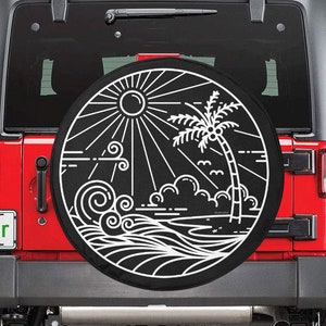 Beach Sun Spare Tire Cover, Palm Trees Backup Camera Hole Rear Wheel Car Accessories Surf Wave Unique Design Back Aesthetic Sunset