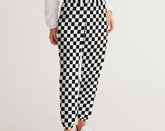 Black White Checkered Women's Track Pants, Racing Check Straight Leg with Zip Pockets Quick Dry Festival Elastic Waist Windbreaker Tracksuit