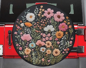 Pink Wild Flowers Spare Tire Cover, Faux Embroidery Printed Grassy Botanicals Floral Wheel Unique Backup Camera Hole Trailer Back Women RV