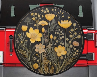 Yellow Flowers Spare Tire Cover, Faux Embroidery Printed Floral Wheel Accessories Unique Design Backup Camera Hole Trailer Back Women RV