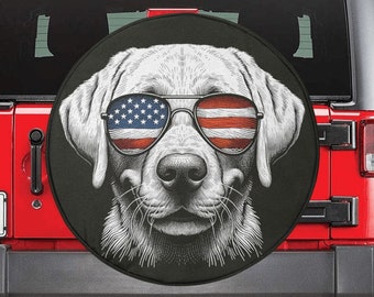 Dog American Flag Spare Tire Cover, Labrador Puppy Lab Retriever Cool Backup Camera Hole Wheel Unique RV Back Cars Men Women Trailer Campers