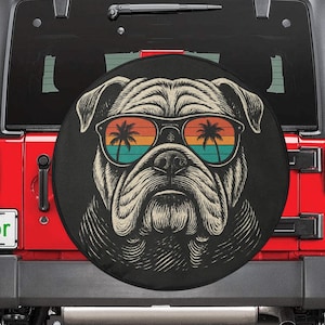 Cubierta de rueda de repuesto para perro Bulldog, gafas de sol, palmera, playa, cachorro, cámara de respaldo, agujero para rueda, único, RV, autos traseros, hombres, mujeres, remolques, autocaravanas, extra