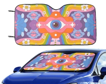 Psychedelic Windschutzscheiben-Sonnenschutz, Hippie-Auge Blumen 70er Jahre Art Car Solar Reflektor Auto Beschützer Fenster Visier Bildschirmabdeckung Fahrzeug-Windschutzscheibe