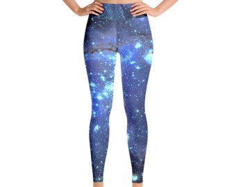 Galaxy Leggings, Yoga Space Print Pants, Blue Cosmic Celestial Constellation Outer Star Royal High Rise Waisted Workout Leggings