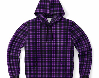 Black and Purple Plaid Hoodie, Tartan Check Pullover Men Women Adult Aesthetic Graphic Cotton Hooded Sweatshirt with Pockets