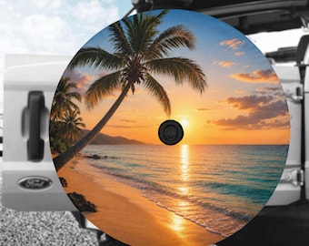 Beach Spare Tire Cover, Sunset Backup Camera Hole Rear Wheel Accessories Sun Tropical Palm Trees Waves Custom Unique Trailer Camper RV Back