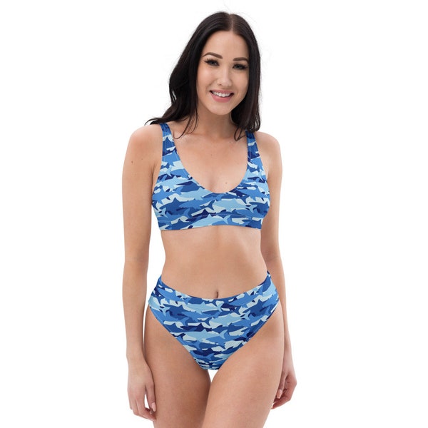 Blue Shark Eco High-Waisted Bikini Set, Camo Great White Shark Marine Recycled Eco Friendly Cheeky Swimsuits Women Padded Swimwear