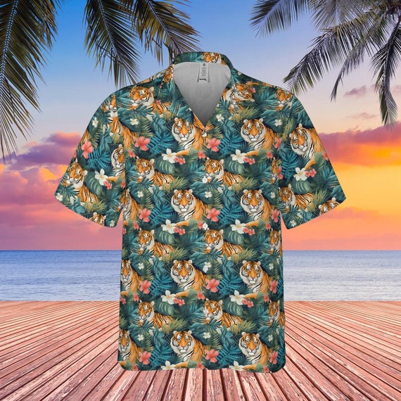 Tiger Men Hawaiian Shirt, Animal Print Vintage Retro Summer Hawaii