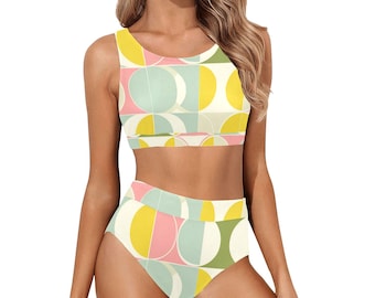 Mid Century Modern Sports Bikini Set, Yellow Retro Vintage High Waisted Cheeky Bottom Crop Halter Top Swimsuits Women Padded Festival