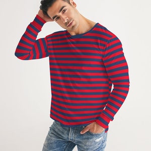 Red and Blue Stripes Men Long Sleeve Tshirt, Striped Unisex Women Designer Graphic Aesthetic Crew Neck Tee