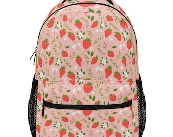 Strawberry Backpack, Floral Pink Flowers Fruit Men Women Kids Books School College Waterproof Pockets 15 Inch Laptop Travel Bag