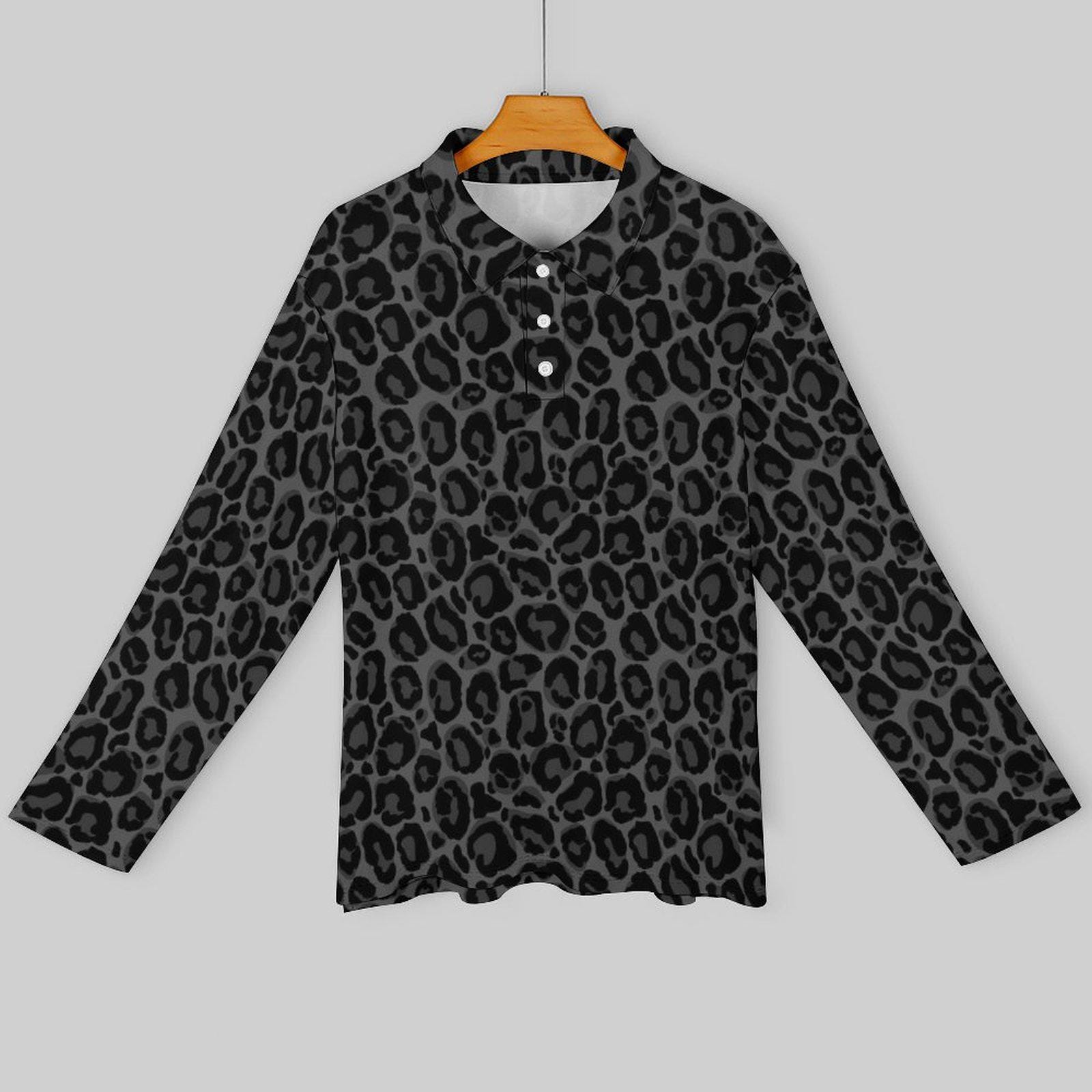 Black Leopard Men Long Sleeve Polo Shirt, Animal Print Grey Slim