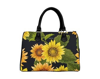 Sunflower Purse, Flower Floral Art Print Handbag Canvas and Leather Barrel Type Boho Designer Accessory Top Handle Bag Women Ladies Gift