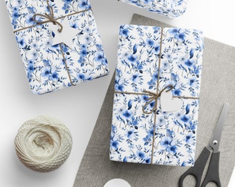 Papel de regalo con diseño floral azul y blanco, estampado de flores para bodas, despedidas de soltera, arte de acuarela, embalaje, envoltura de regalo, decoración, rollo de envoltura de regalo vintage
