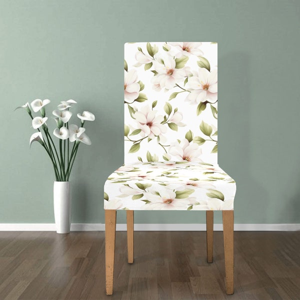 Housses de siège de chaise de salle à manger florales, fleurs de crème blanche rose aquarelle Stretch Slipcover meubles à manger cuisine salle tabouret décor à la maison