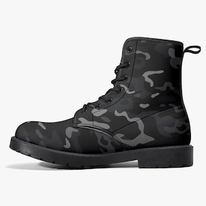 Black Camo Leather Boots, Grey Camouflage Lace Up Shoes Hiking Women Men Female Festival Black Ankle Combat Work Winter Casual Custom