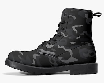 Black Camo Leather Boots, Grey Camouflage Lace Up Shoes Hiking Women Men Female Festival Black Ankle Combat Work Winter Casual Custom