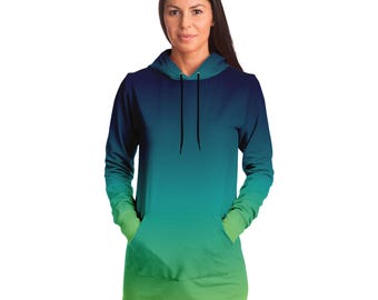 Green Blue Ombre Hoodie Dress, Tie Dye Gradient Women Ladies Long Sleeve Sexy Winter Cotton Hooded Sweatshirt Plus Size Dress Pockets