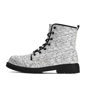 Grey White Camo Women Leather Boots, Camouflage Vegan Lace Up Shoes Hiking Festival Black Ankle Combat Work Winter Waterproof Custom Ladies