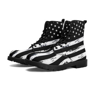 Botas de cuero para hombre con bandera americana negra, rayas de estrellas desgastadas, zapatos con cordones patrióticos de EE. UU., regalo de senderismo de trabajo de combate de tobillo para Festival