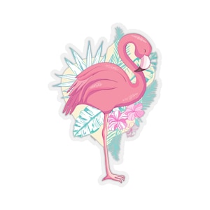Pink Flamingo Sticker, Tropical flowers  Laptop Decal Vinyl Cute Waterbottle Tumbler Car Bumper Aesthetic Die Cut Wall Mural