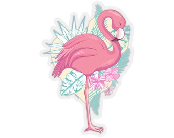 Pink Flamingo Sticker, Tropical flowers  Laptop Decal Vinyl Cute Waterbottle Tumbler Car Bumper Aesthetic Die Cut Wall Mural
