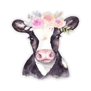 Cow Flowers Sticker, Watercolor Farm Floral Animal Laptop Decal Vinyl Cute Waterbottle Tumbler Car Waterproof Aesthetic Die Cut Wall Mural