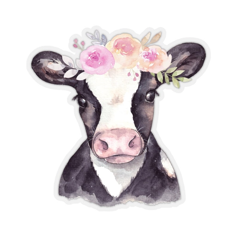 Cow Flowers Sticker, Watercolor Farm Floral Animal Laptop Decal Vinyl Cute Waterbottle Tumbler Car Waterproof Aesthetic Die Cut Wall Mural image 1