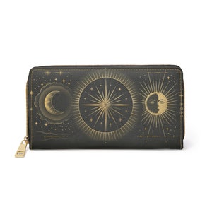 Cartera de cuero Sun Moon para mujer, Estrellas espaciales celestiales Cremallera vegana Cremallera alrededor de monedas Tarjetas de crédito Bolsillo en efectivo Bolsa para mujer Monedero de embrague delgado