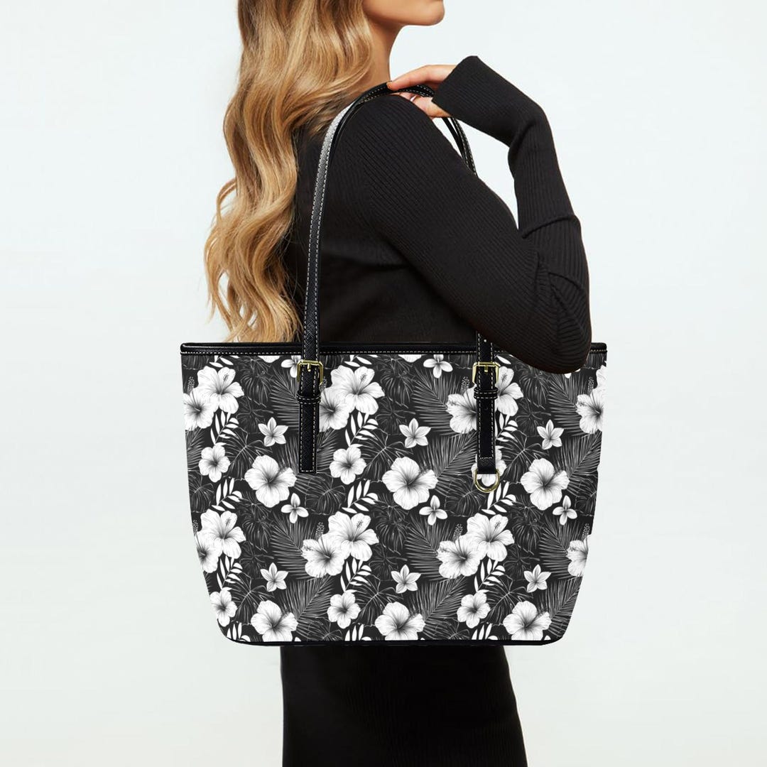 Black White Floral Tote Bag Purse, Hibiscus Flowers Art Women