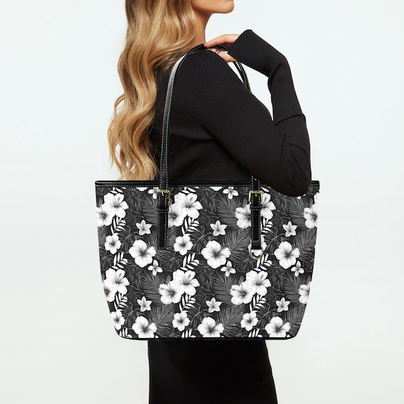 Black White Floral Tote Bag Purse, Hibiscus Flowers Art  display picture 3