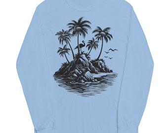Summer Beach Long Sleeve Tshirt, Island Palm Trees Pelican Unisex Men Women Designer Graphic Printed Crew Neck Tee Top