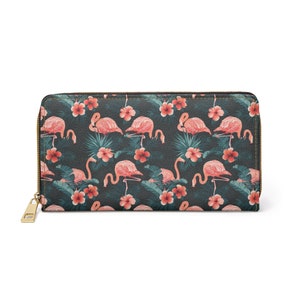 Portafoglio in pelle rosa fenicottero da donna, floreale vegano con cerniera intorno alle monete, carte di credito, tasca per contanti, da donna, pochette sottile